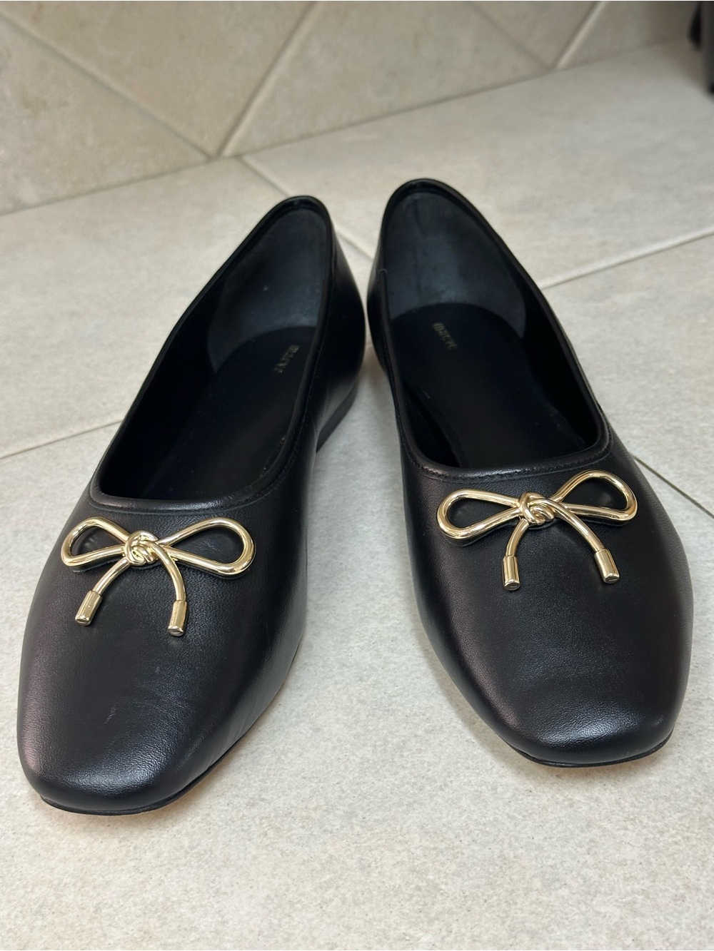 🎊Maeve Black Leather-Look Flats with Gold Bow Detail (Size 9)🎊 NEW
